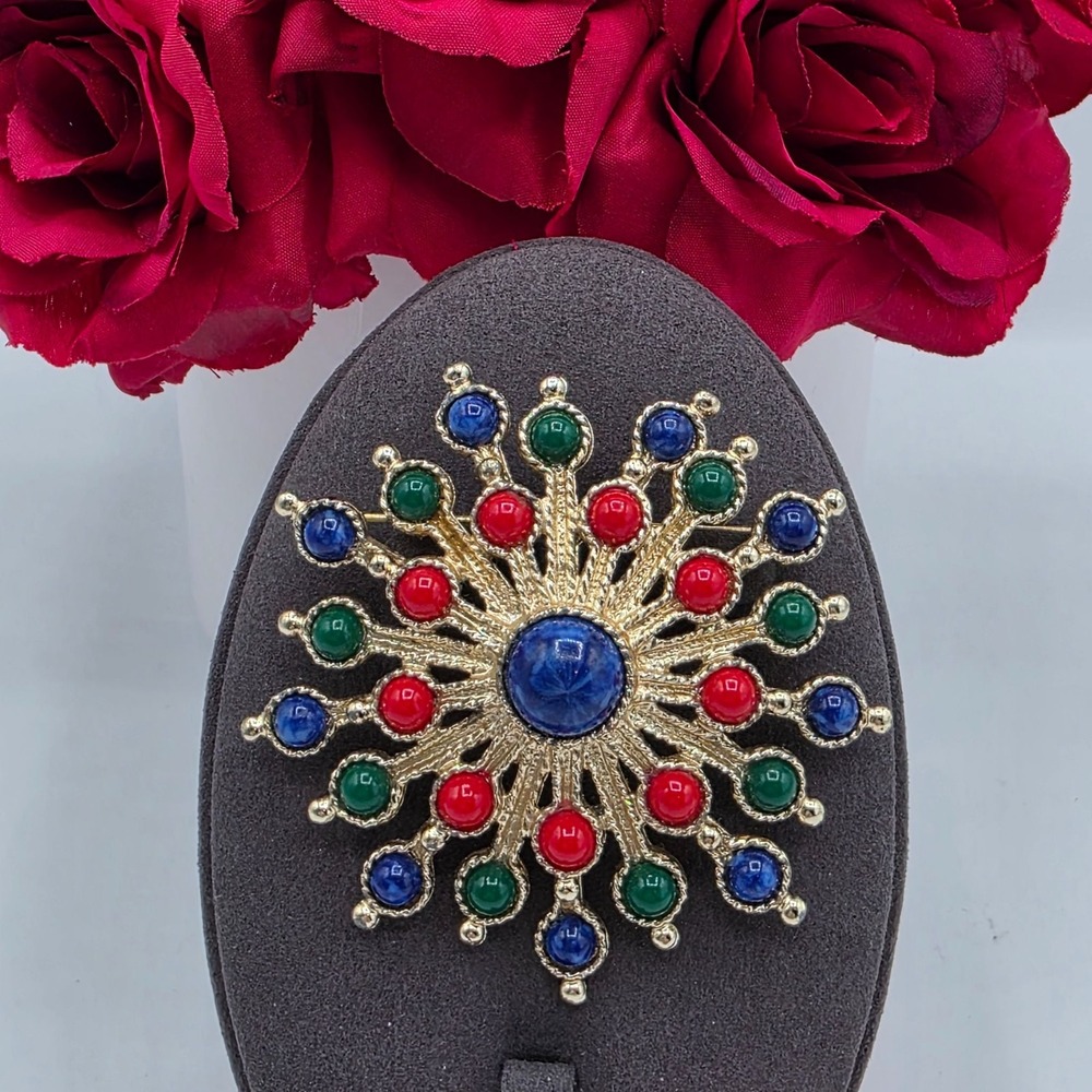 Vintage SARAH COVENTRY Starburst Brooch Red Blue Green Stones Gold Tone Pin